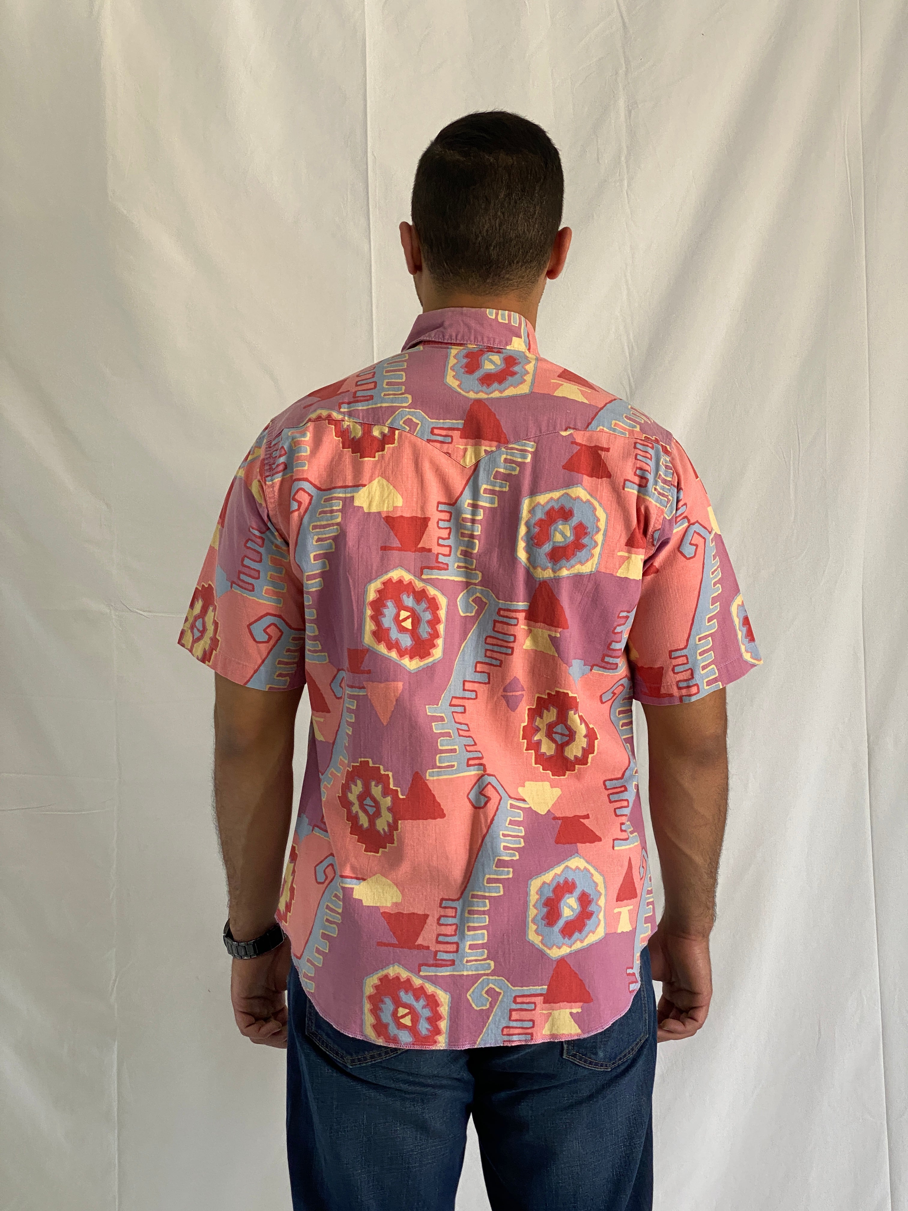 Vintage Wrangler Cotton Aztec Print Men’s Short Sleeve Southwestern Bold 90s Geometric Shirt - M
