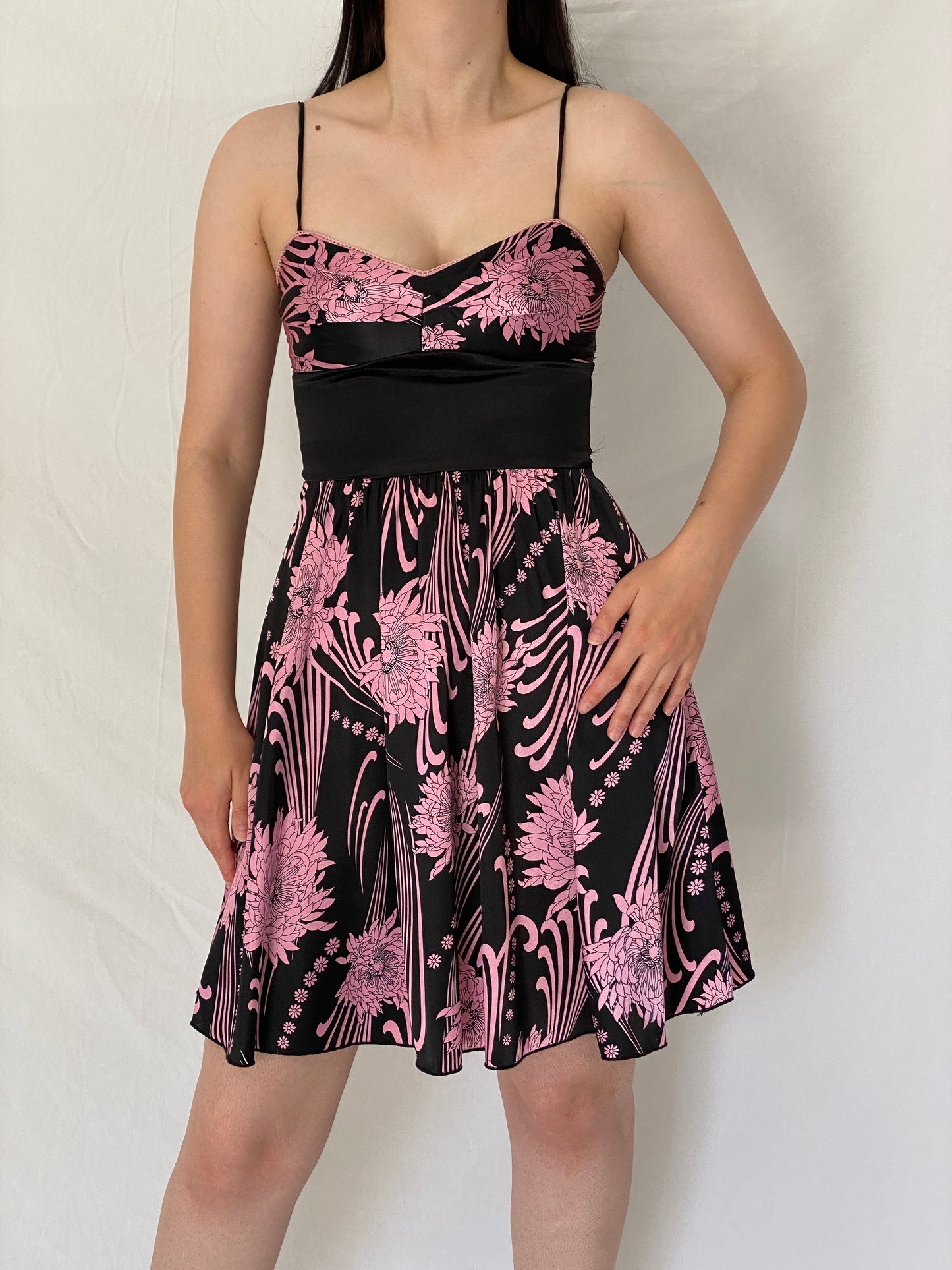 Vintage Y2K OXOXO Collection Black & Pink Floral Satin Dress – S