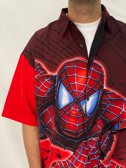 Vintage Y2K Spider-Man Graphic Button Up Red & Black Comic Shirt – L
