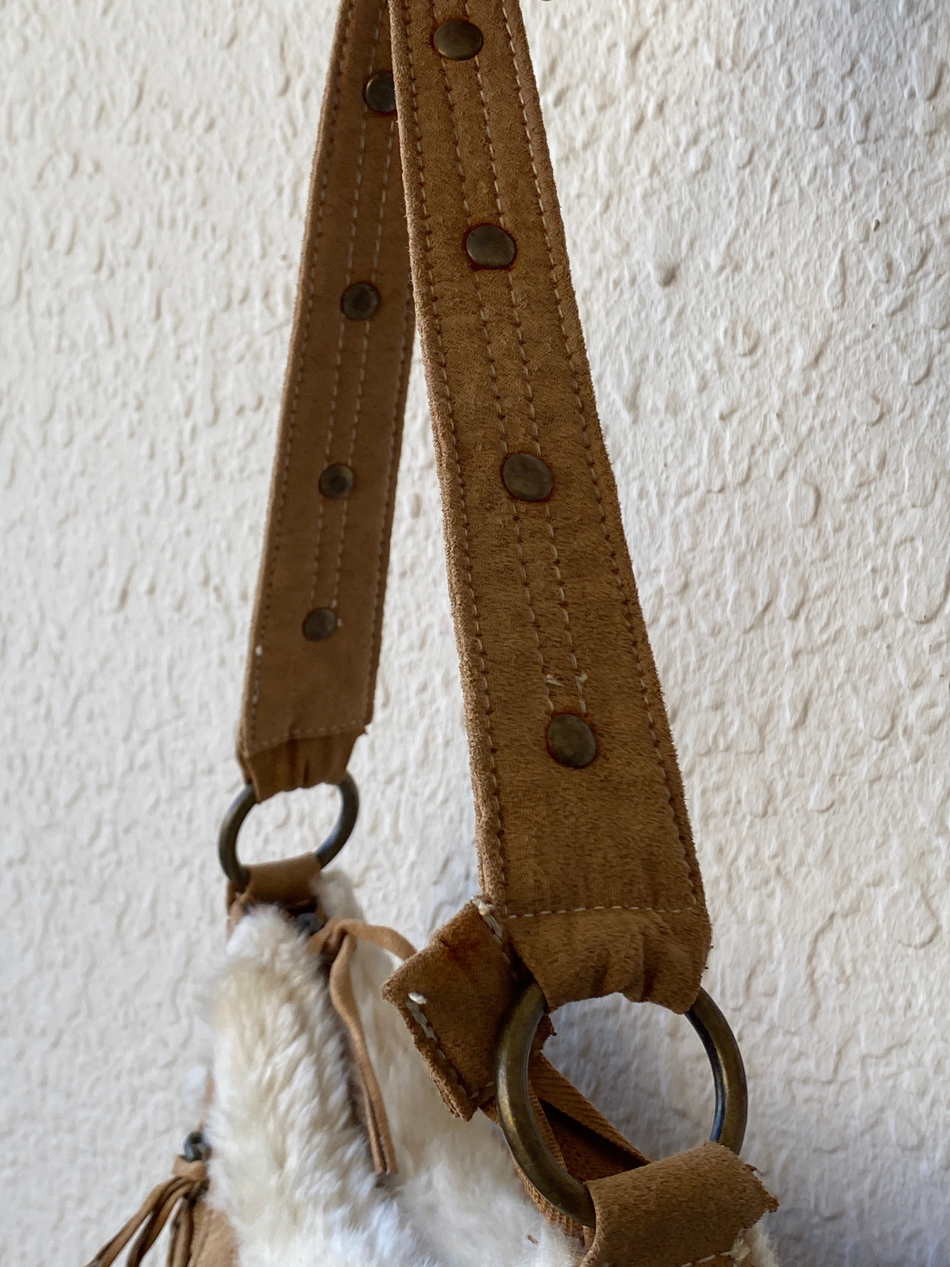 Y2K Shearling Brown Shoulder Bag with Fuzzy Trim & Stud Details Purse