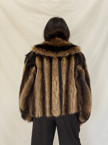 Vintage Striped Brown & Black Real Fur Coat - 70s Glam Winter Statement Jacket - M/L
