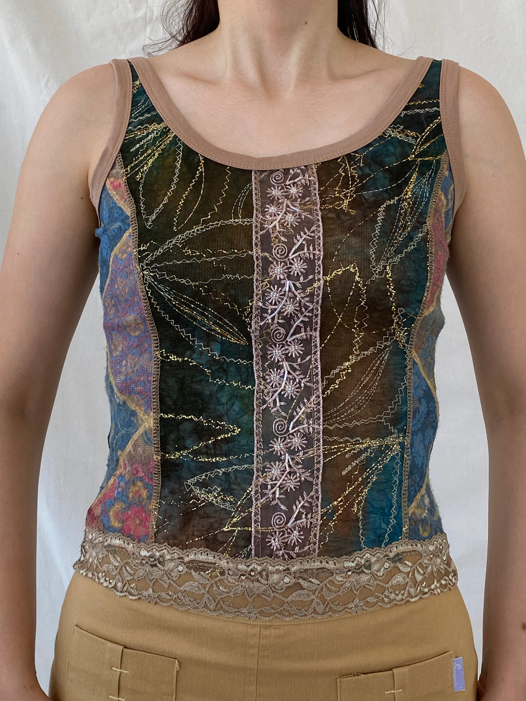 Lulu H Paris Mesh Patchwork Lace Trim Indie Fairycore Tank Top - S