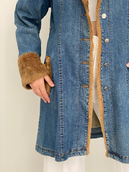 Y2K Luckystars Heavy Denim Coat with Brown Faux Fur Lining – L