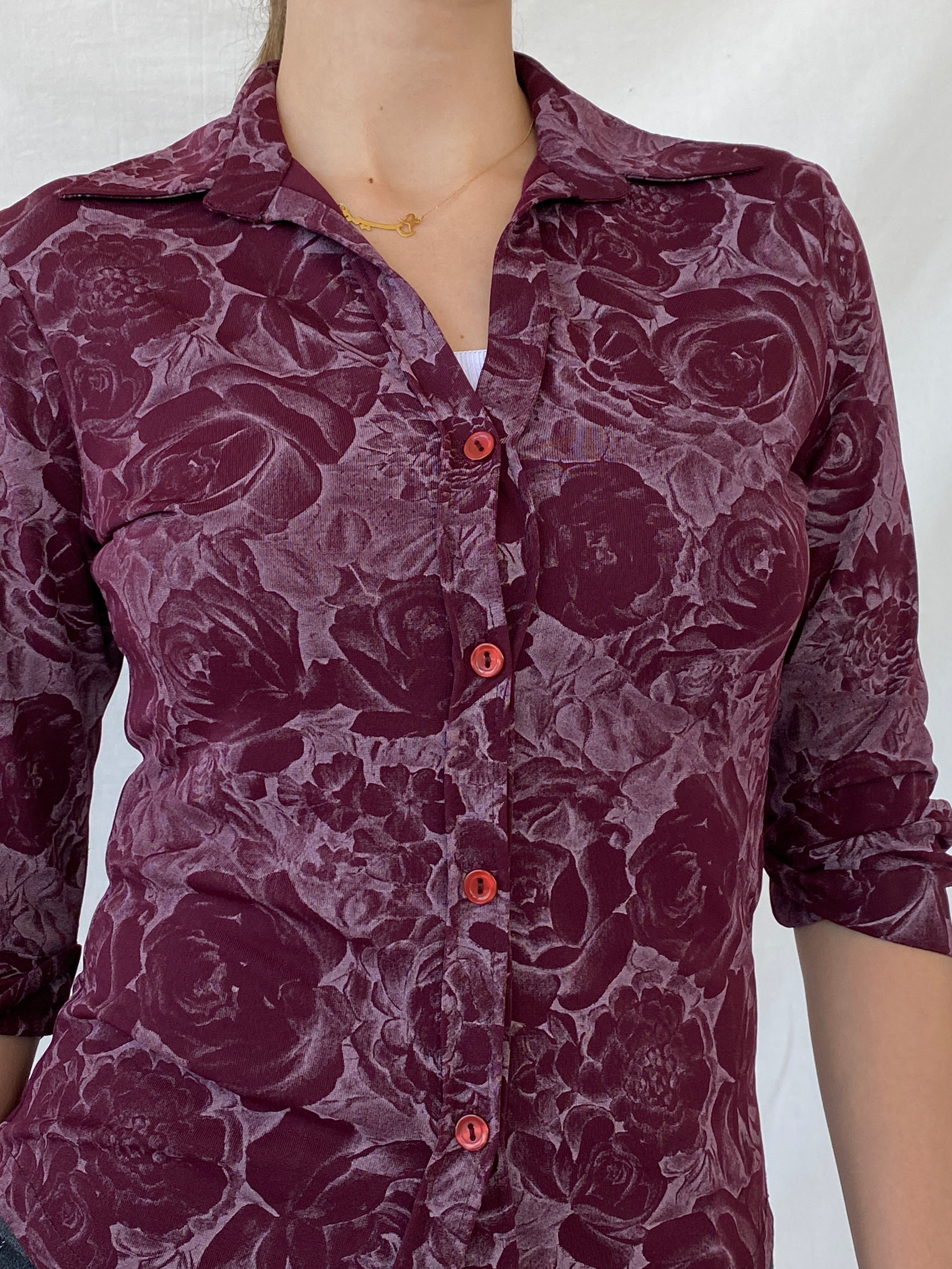 Vintage Ici & Maintenant Sport Floral Women’s Purple Button Up Shirt - M