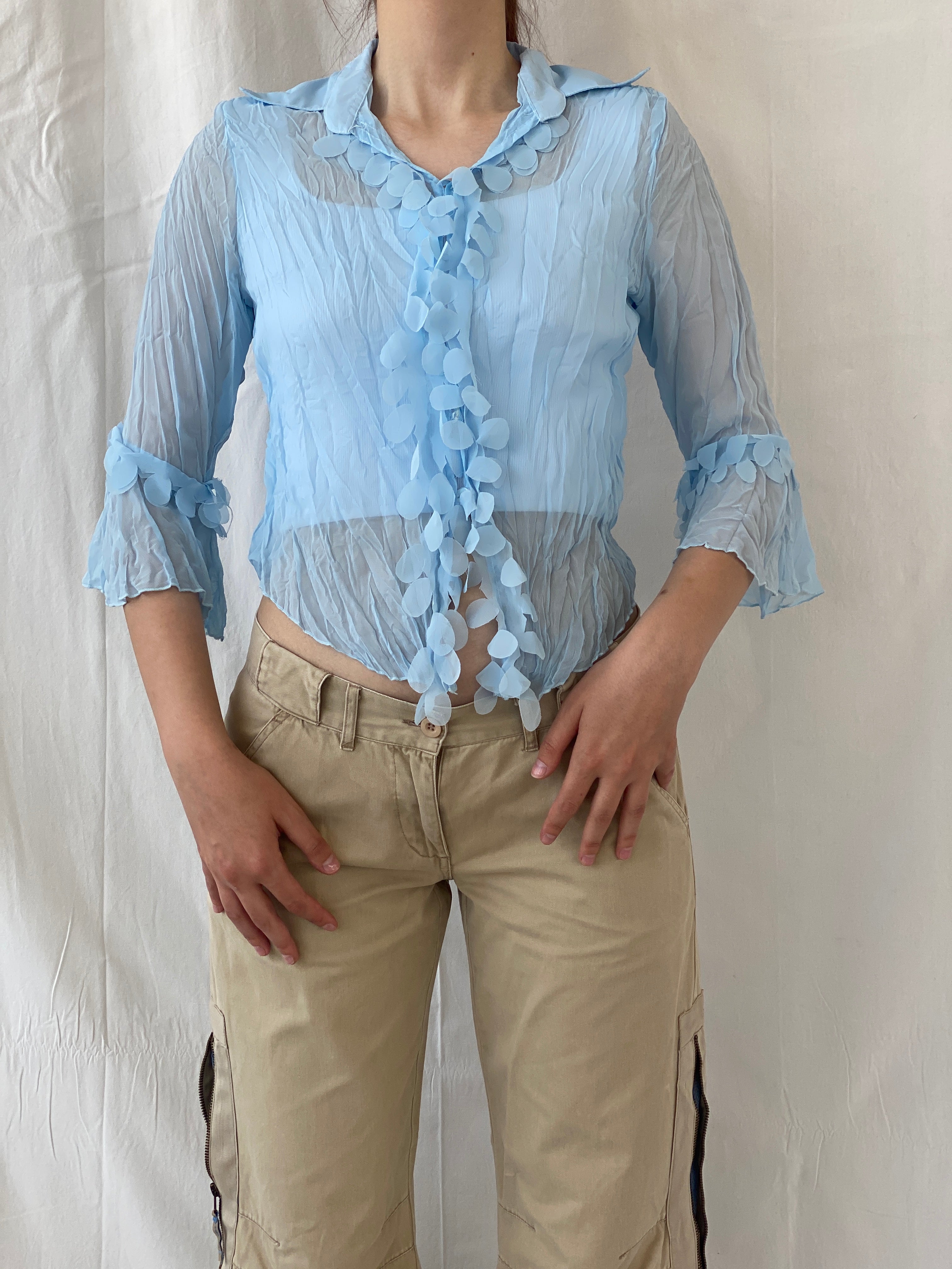 Vintage Y2K Smart Women Blue Ruffled Sheer Romantic Cardigan Shirt - M