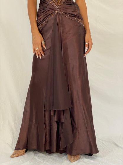 Vintage Y2K Alyce Designs Brown Satin Beaded Lace Cutout Formal Maxi Dress - XS