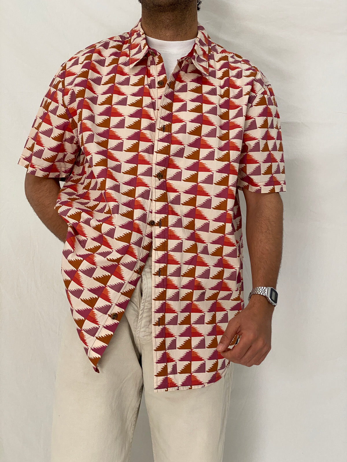 Prana Geometric Print Cotton Red Pink Abstract Short Sleeve Shirt – XL Prana Geometric Print Cotton Red Pink Abstract Short Sleeve Shirt – XL