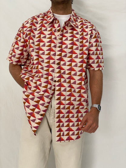 Prana Geometric Print Cotton Red Pink Abstract Short Sleeve Shirt – XL