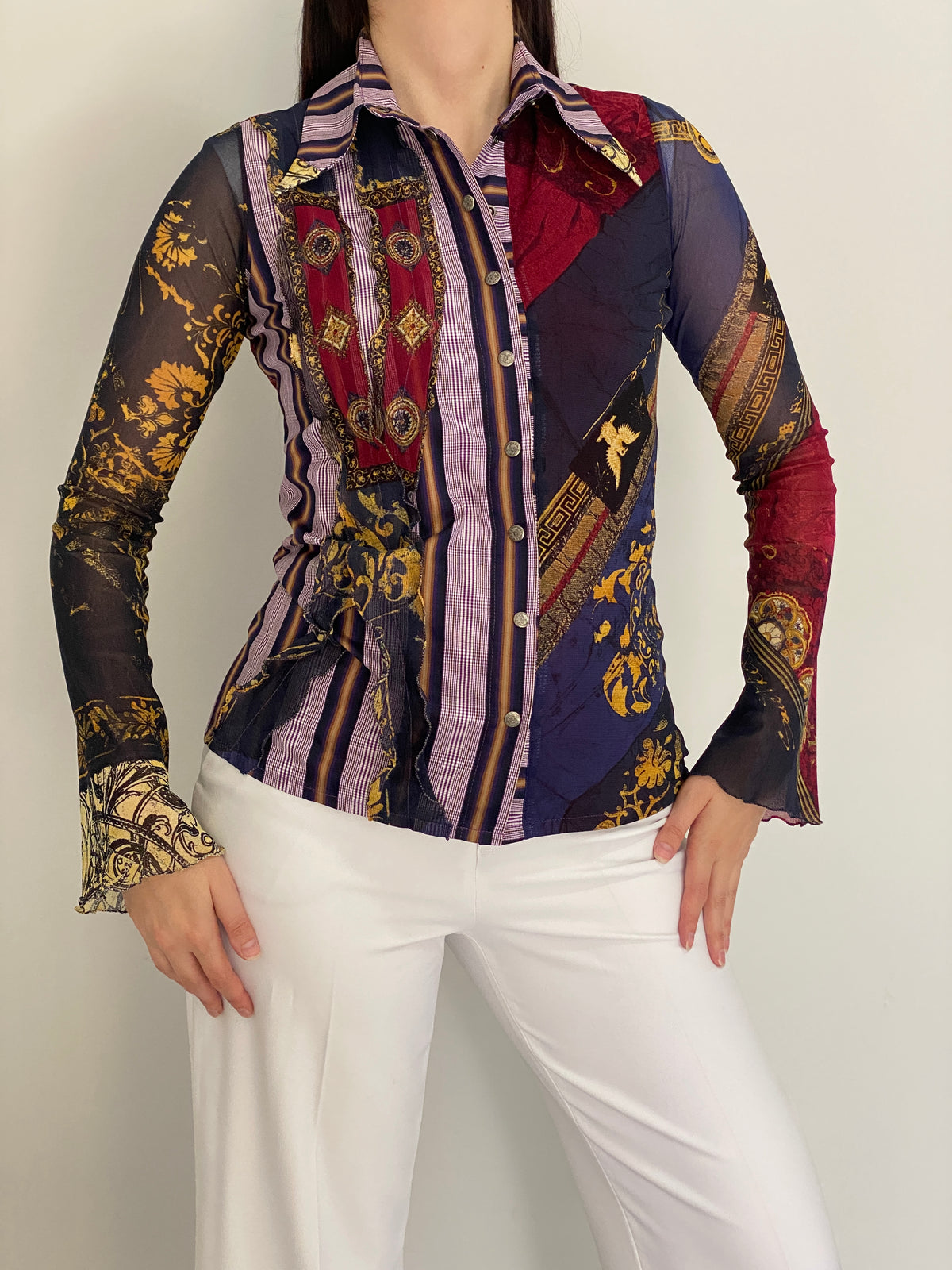 Y2K Save The Queen! Multicolor Whimsical Baroque Sheer Shirt – M