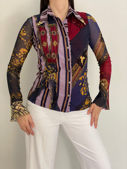 Y2K Save The Queen! Multicolor Whimsical Baroque Sheer Shirt – M