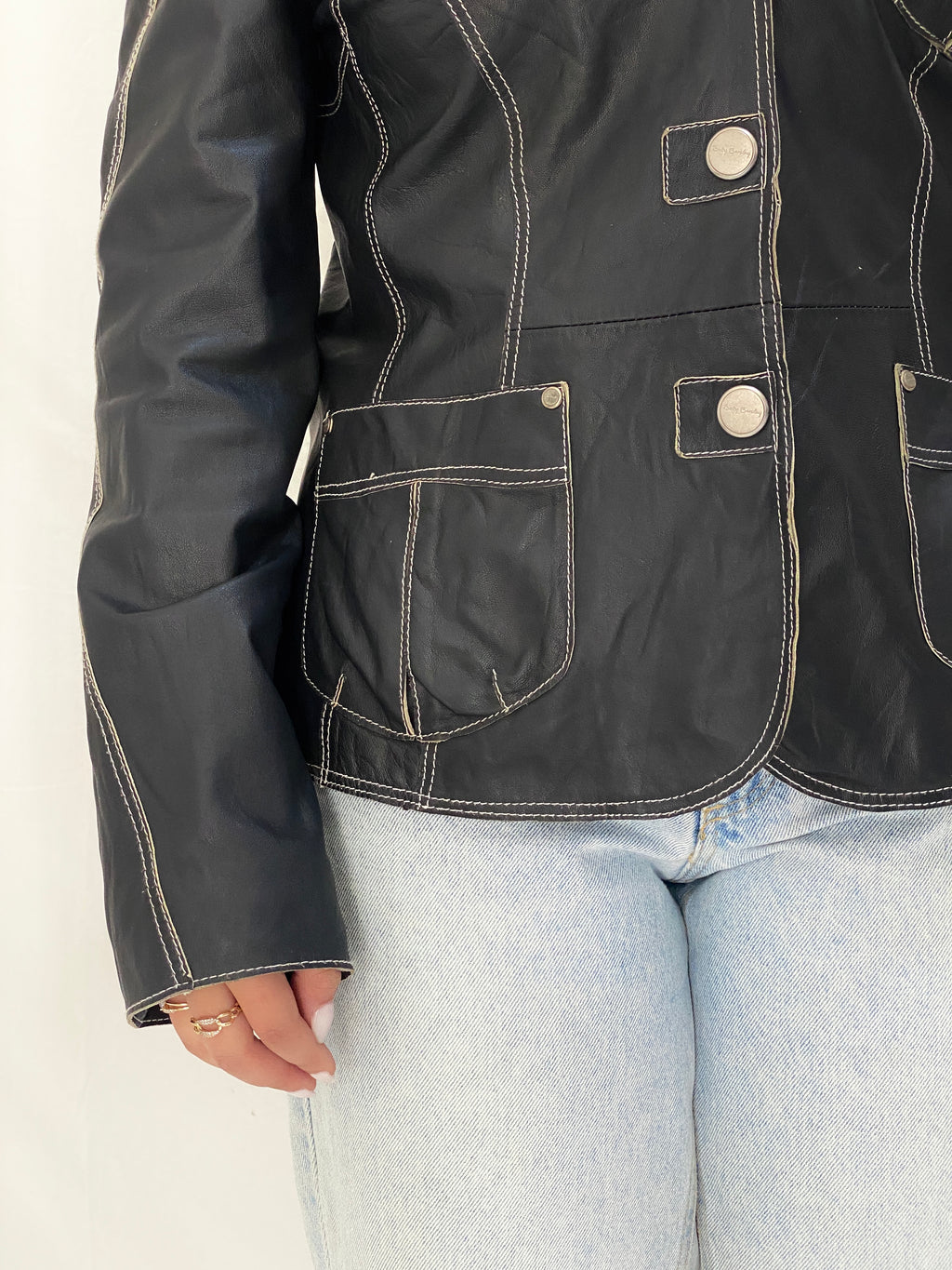 Vintage Betty Barclay Genuine Leather Jacket Dark Navy Contrast Stitch Blazer Style - L