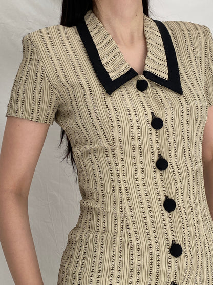 Vintage 90s Dawn Joy Fashions Beige Patterned Fitted Mini Dress - S