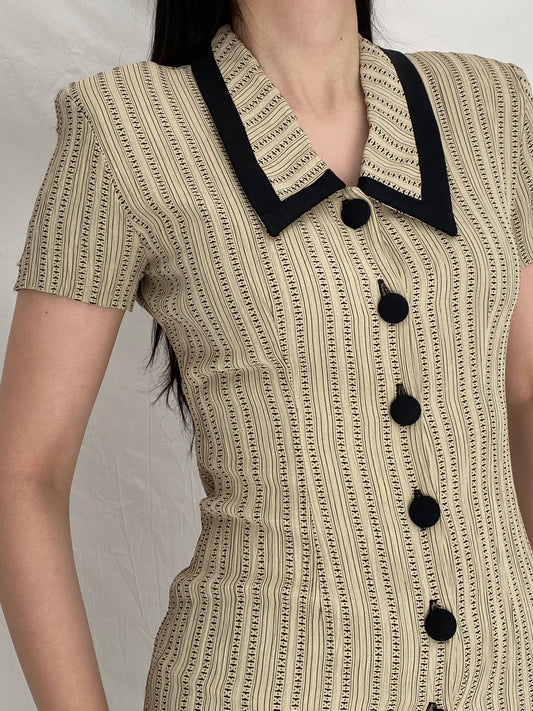 Vintage 90s Dawn Joy Fashions Beige Patterned Fitted Mini Dress - S