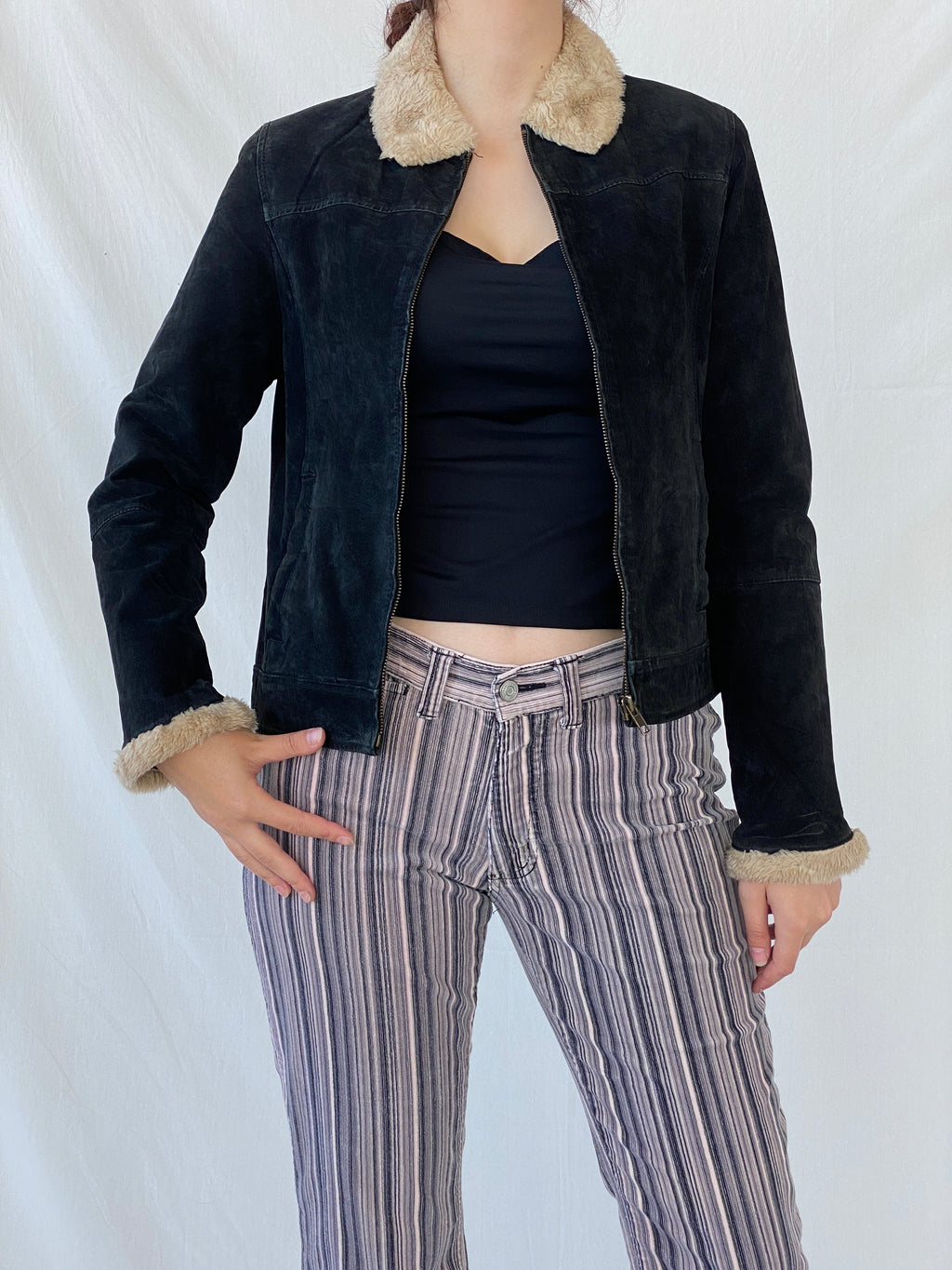 Vintage Cavalini Black Suede Faux Shearling Collar Zip-up Jacket - M