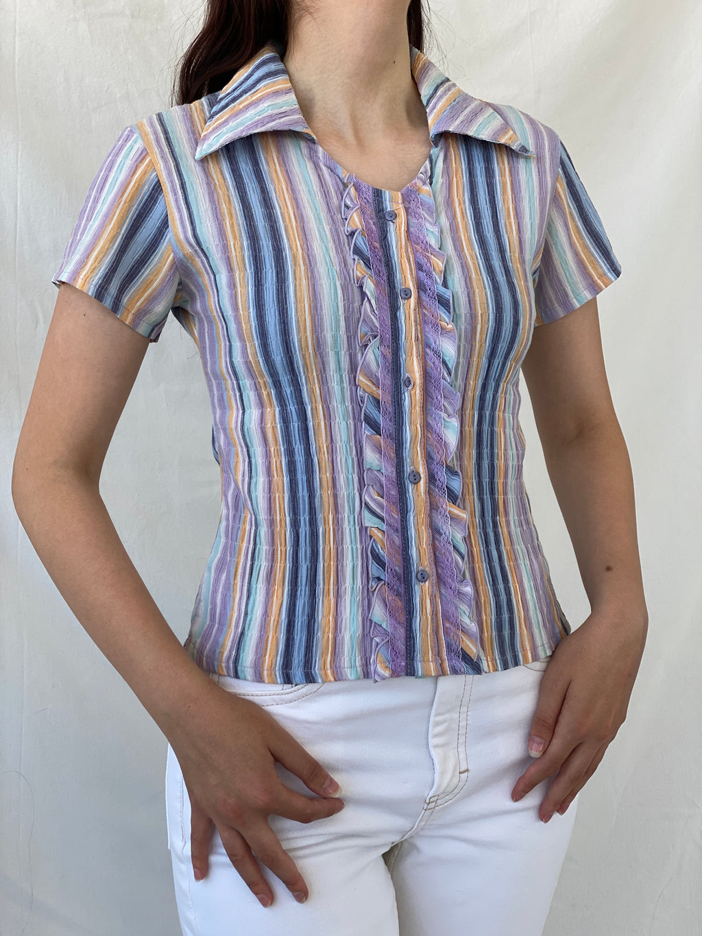 Y2K Pastel Purple Blue Striped Cut Out Back Scrunch Short Sleeve Shirt- M