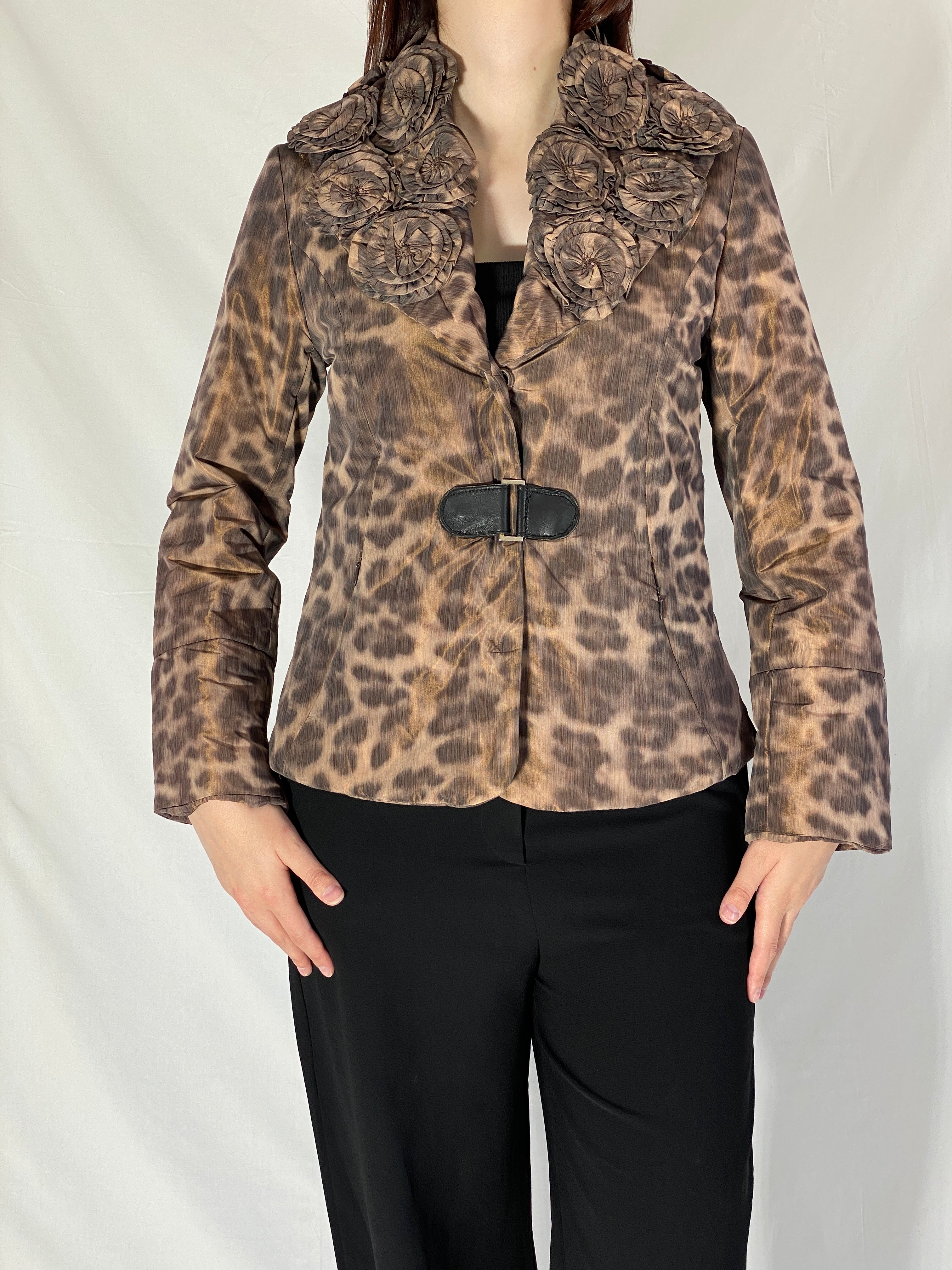 Boko Collection Leopard Print Light Jacket with Floral Collar Detail - M