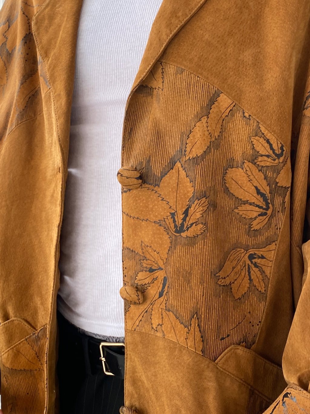 Vintage Men’s Genuine Brown Suede Leather Oversized Floral Blazer - XL