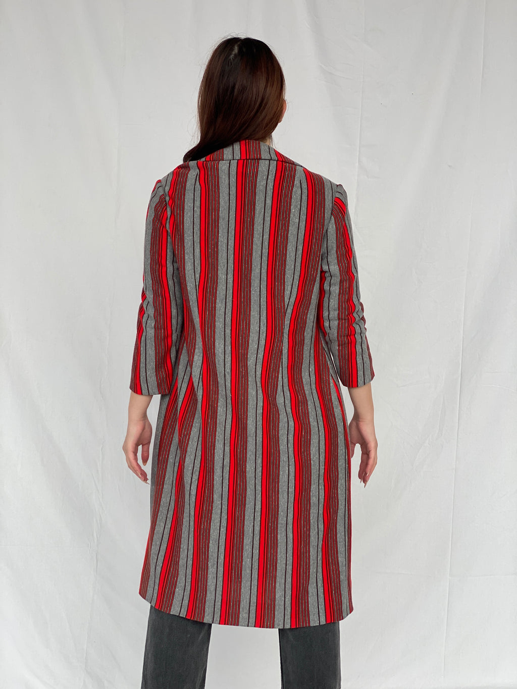 Y2K Red & Gray Striped Long Blazer - M