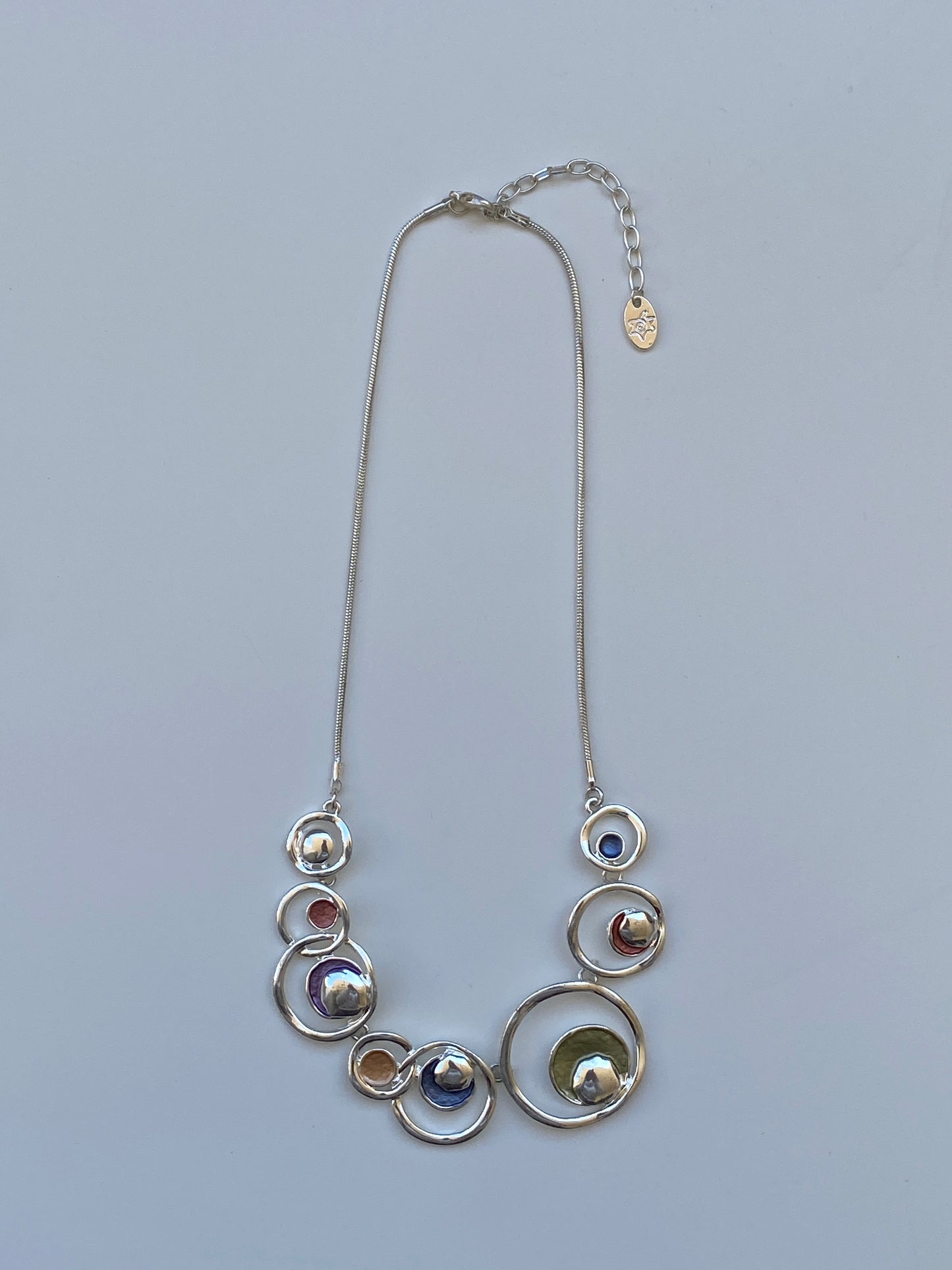 Vintage 2000s Silver Tone Abstract Circle Statement Multicolor Inlay Necklace
