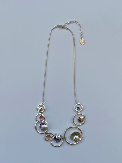 Vintage 2000s Silver Tone Abstract Circle Statement Multicolor Inlay Necklace