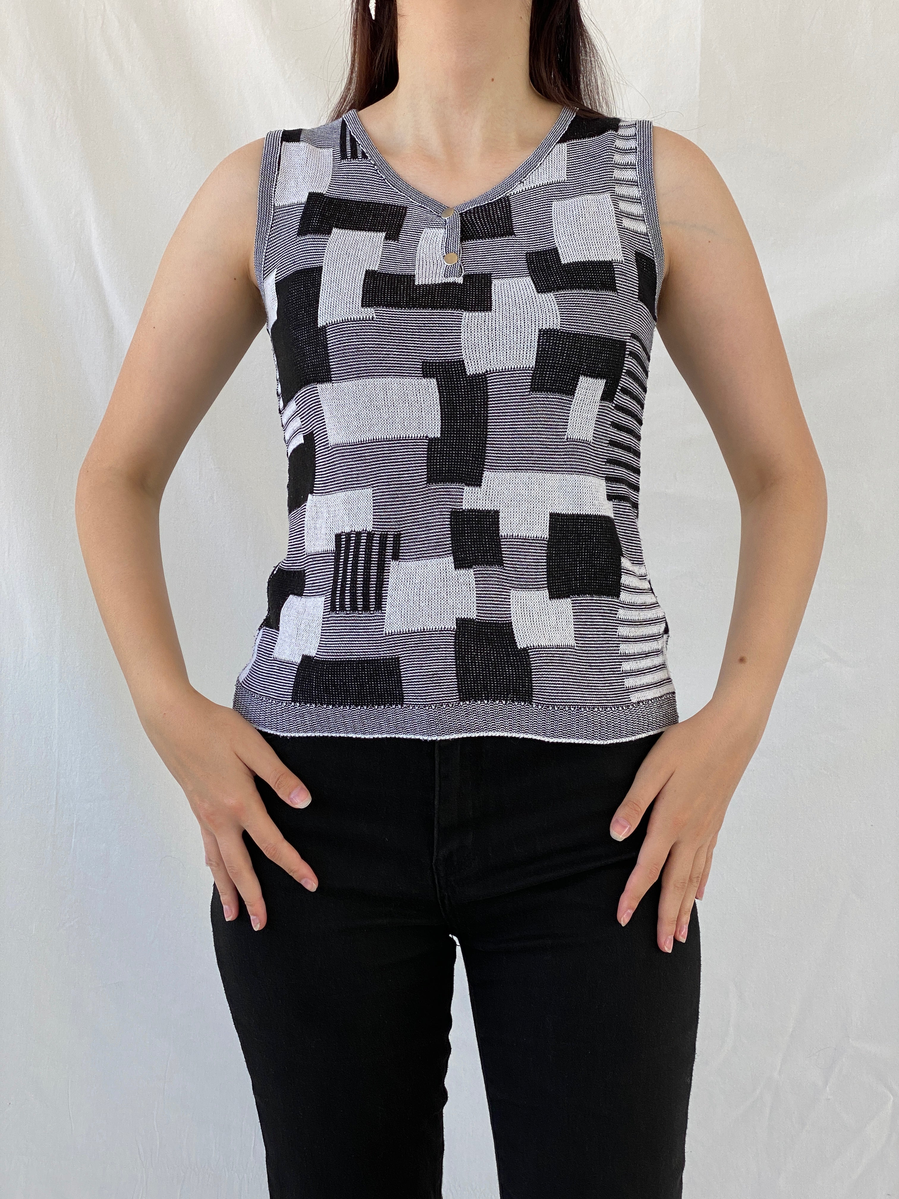 Vintage Nisan Triko Black White Geometric Knitted Cotton Tank Top - S