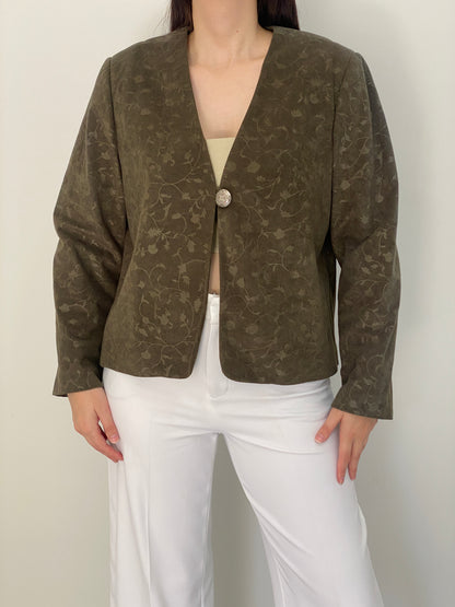 Vintage 90s Handmade Olive Green Floral Jacquard Single Button Blazer – L