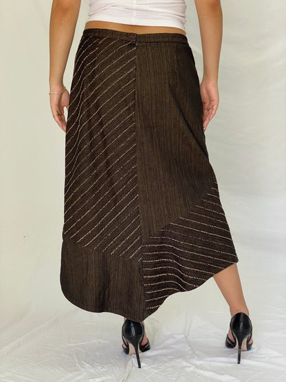Vintage ISHWAR Brown Patchwork Midi Floral Embroidered Boho Skirt - XL