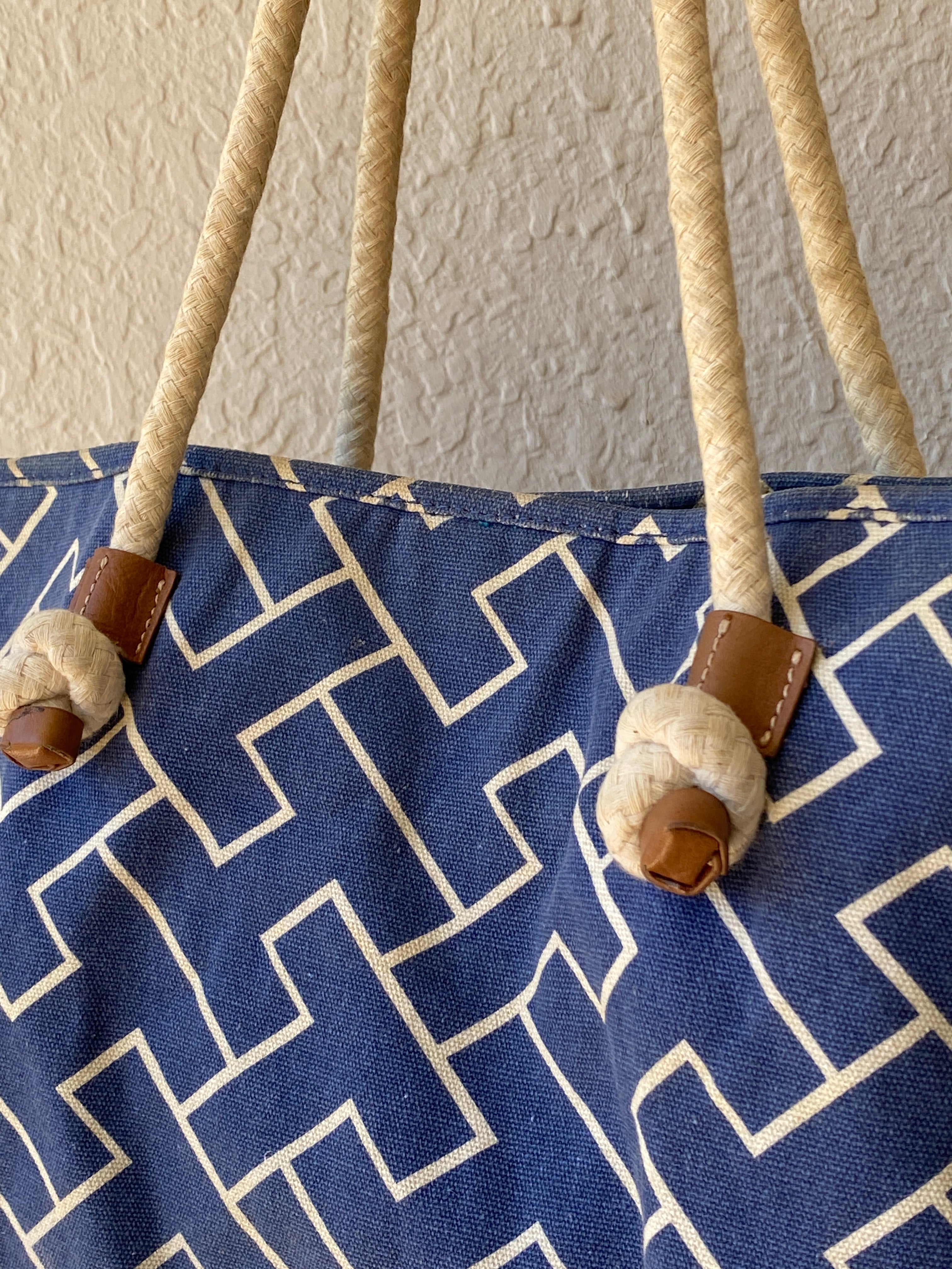 Tommy Hilfiger Blue White Signature Logo Fabric Rope Handle Beach Shoulder Tote Bag