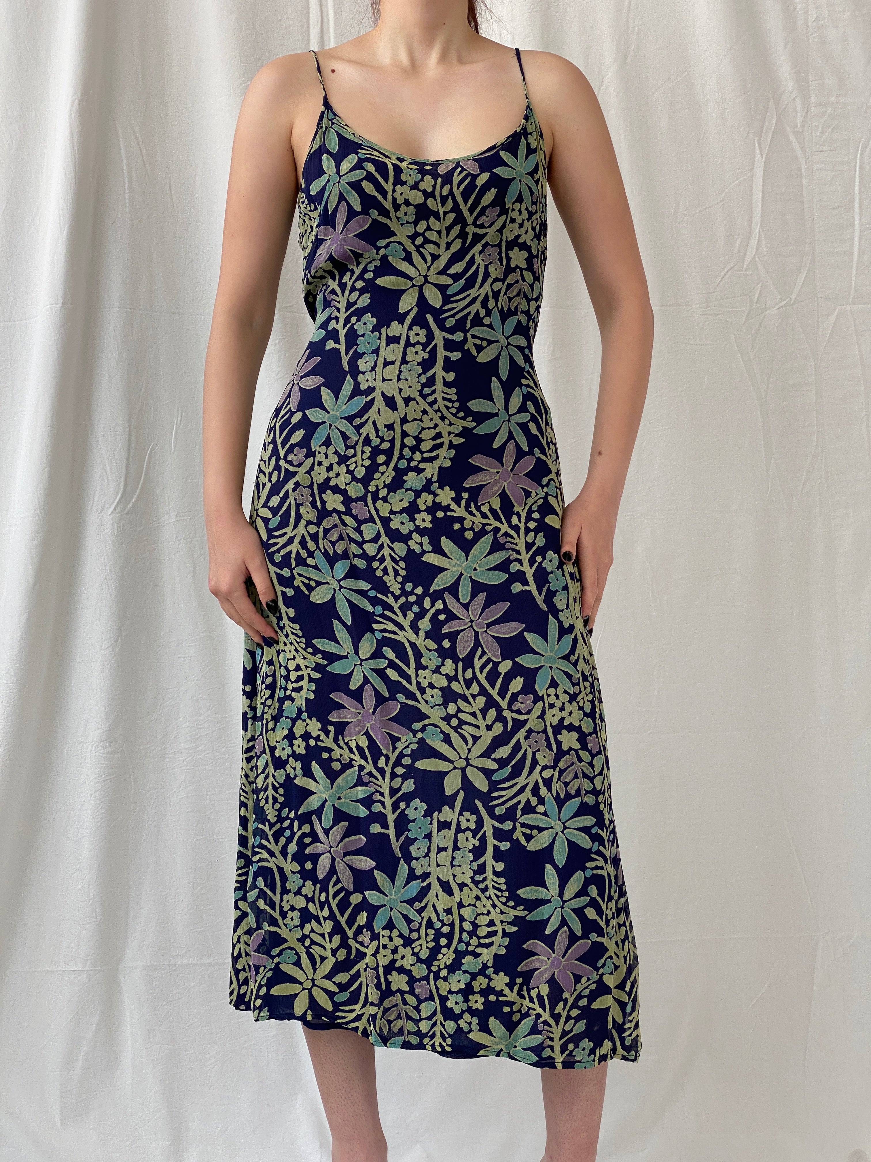 Vintage 90s Kusht Too Floral Navy Spaghetti Strap Slip Maxi Dress - M