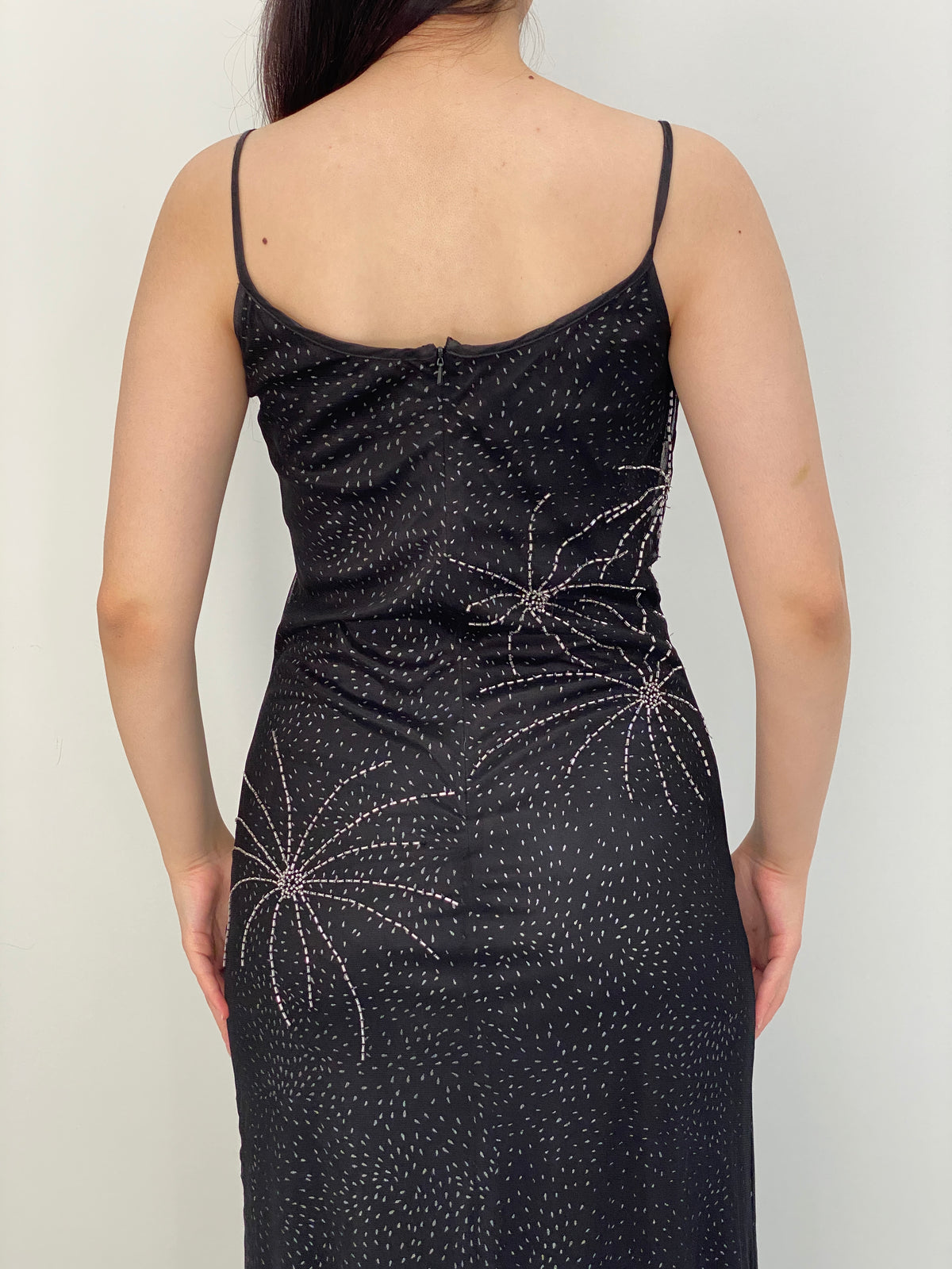 Vintage 90s Brilliante by J.A. Black Beaded Floral Mesh Maxi Slip Dress - S