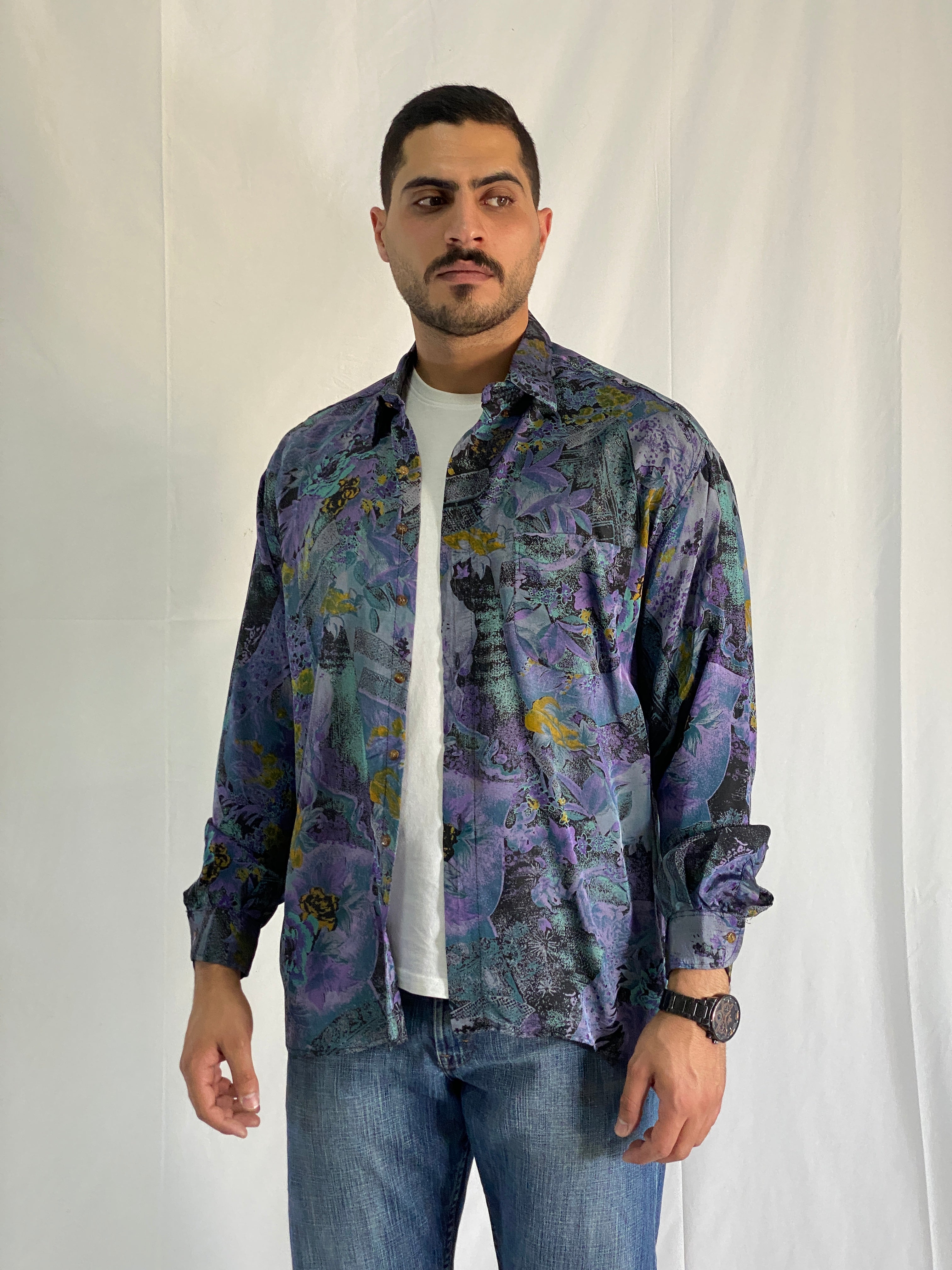 Vintage Purple And Teal Abstract Long Sleeve Floral Men’s Silk Shirt - L