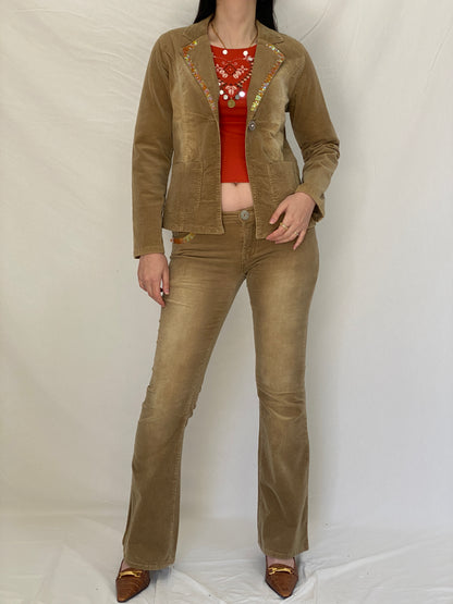 Y2K No Body Classic Fashion Brown Corduroy Jacket & Flared Pants Set with Sequin Trim - M