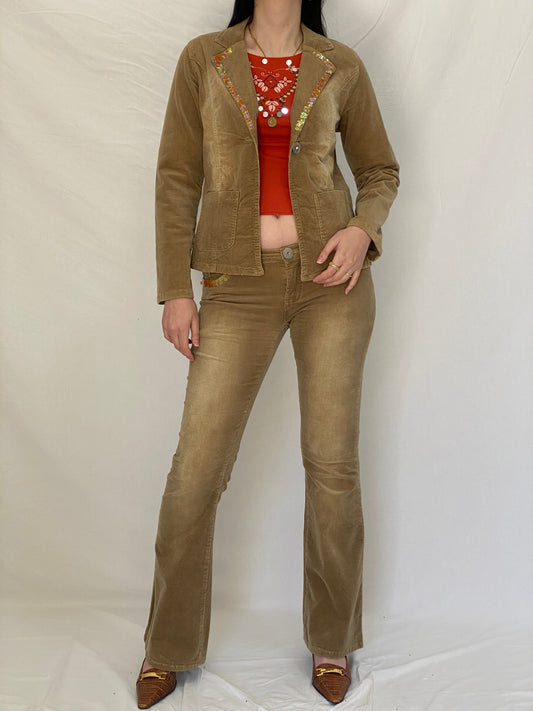Y2K No Body Classic Fashion Brown Corduroy Jacket & Flared Pants Set with Sequin Trim - M