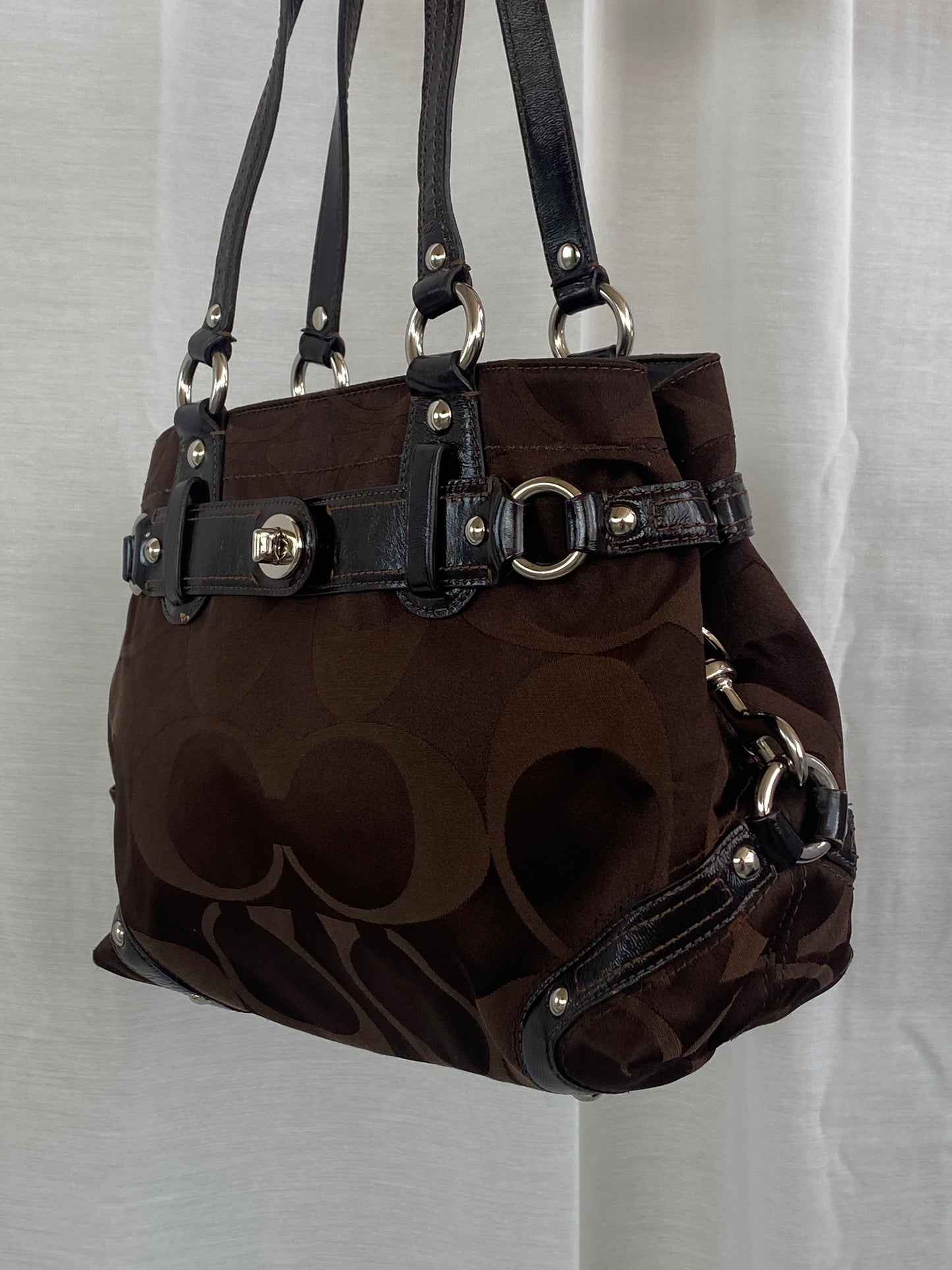 COACH Brown CARLY Signature C Jacquard Shoulder Bag No.13300