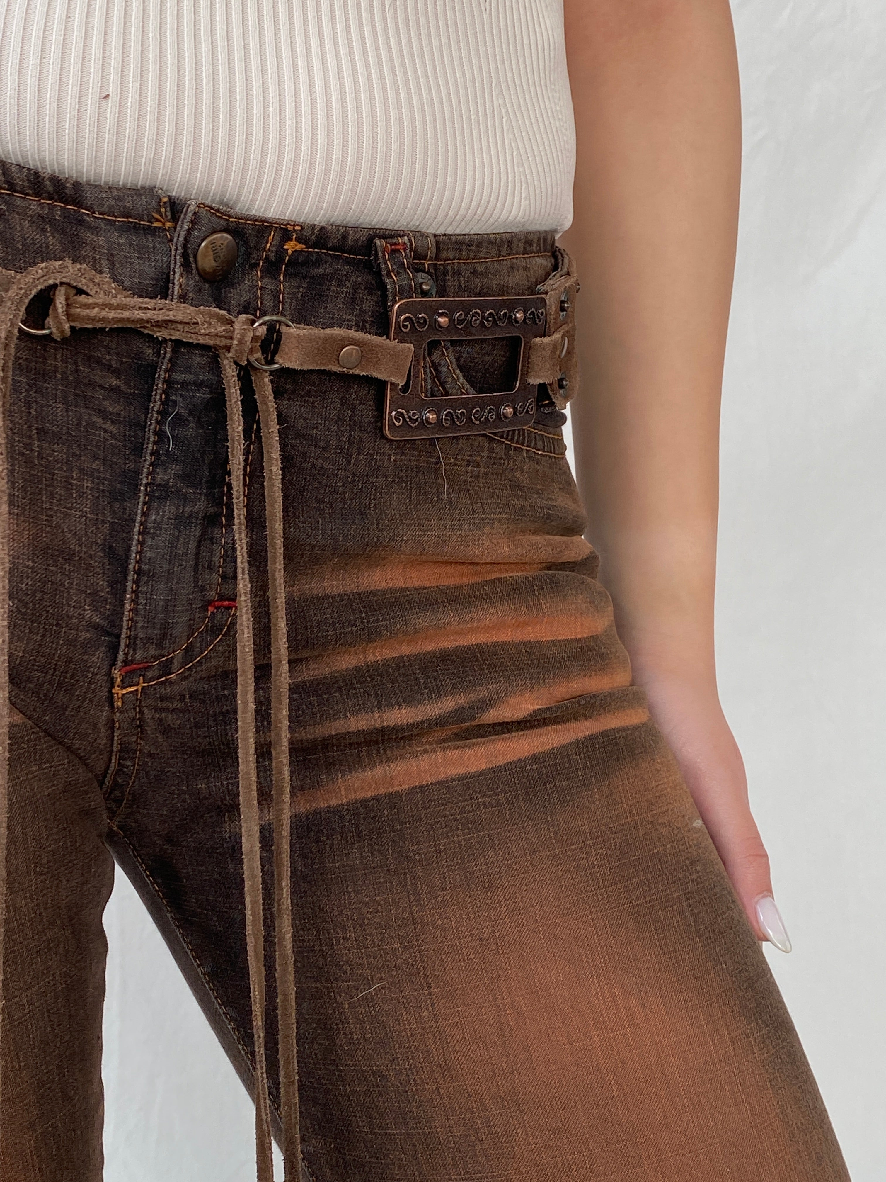 Vintage FlyGirl Brown Distressed Low Rise Biker Pants with Suede Belt - 34EUR