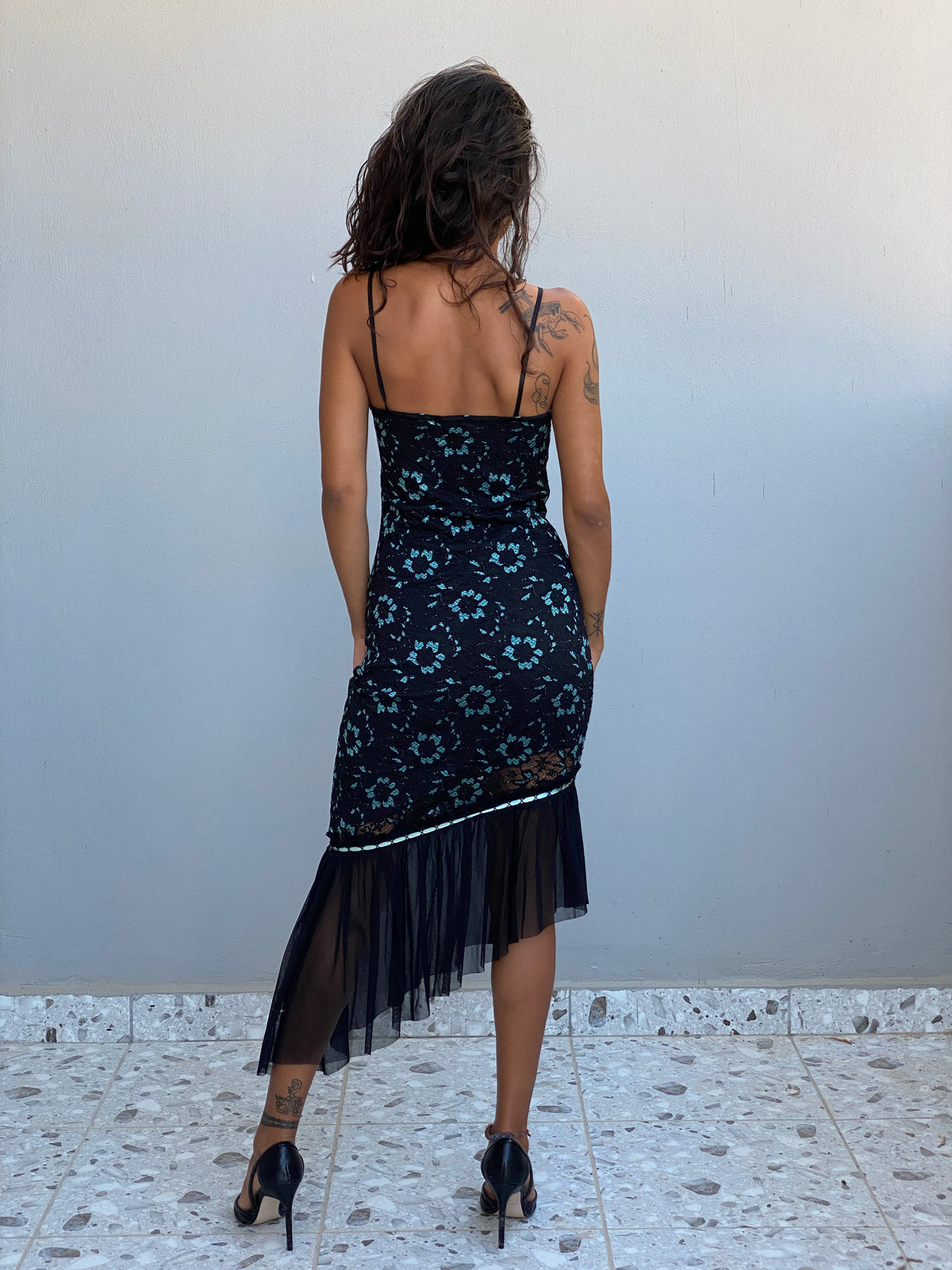 Vintage Y2K Cécilia Paris Black Lace & Aqua Floral Asymmetric Midi Dress - XS Vintage Y2K Cécilia Paris Black Lace & Aqua Floral Asymmetric Midi Dress - XS