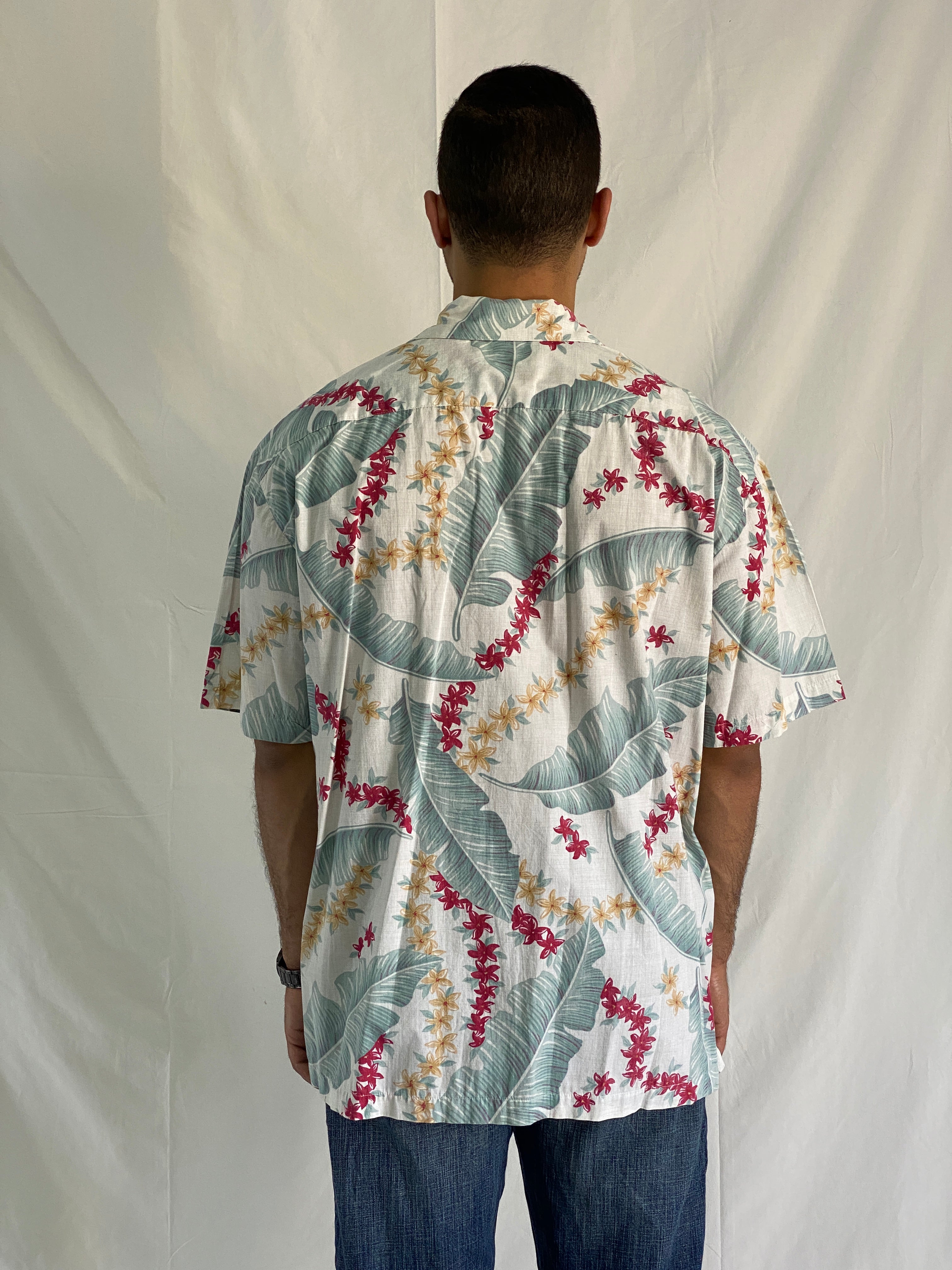 Vintage Batik Bay Reverse Print Cotton Hawaiian Shirt With Tropical Floral Design - XL