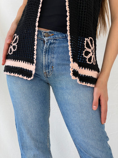 Vintage Handmade Black Knitted Crochet Vest with Pink Details - L