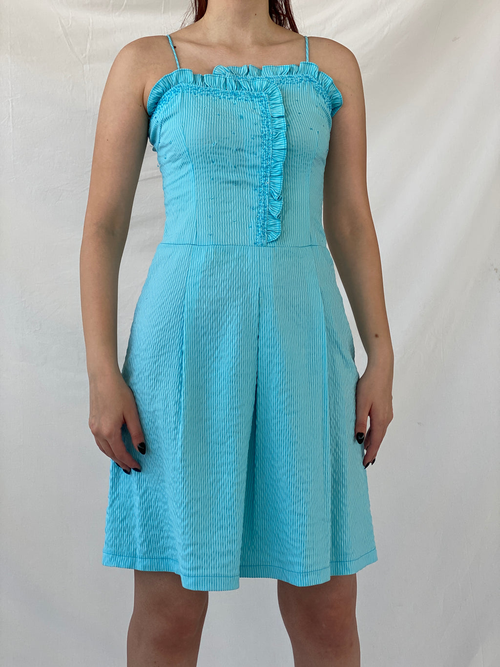 Vintage Hayg Striped Blue Beaded Ruffle Summer Knee Length Dress - M