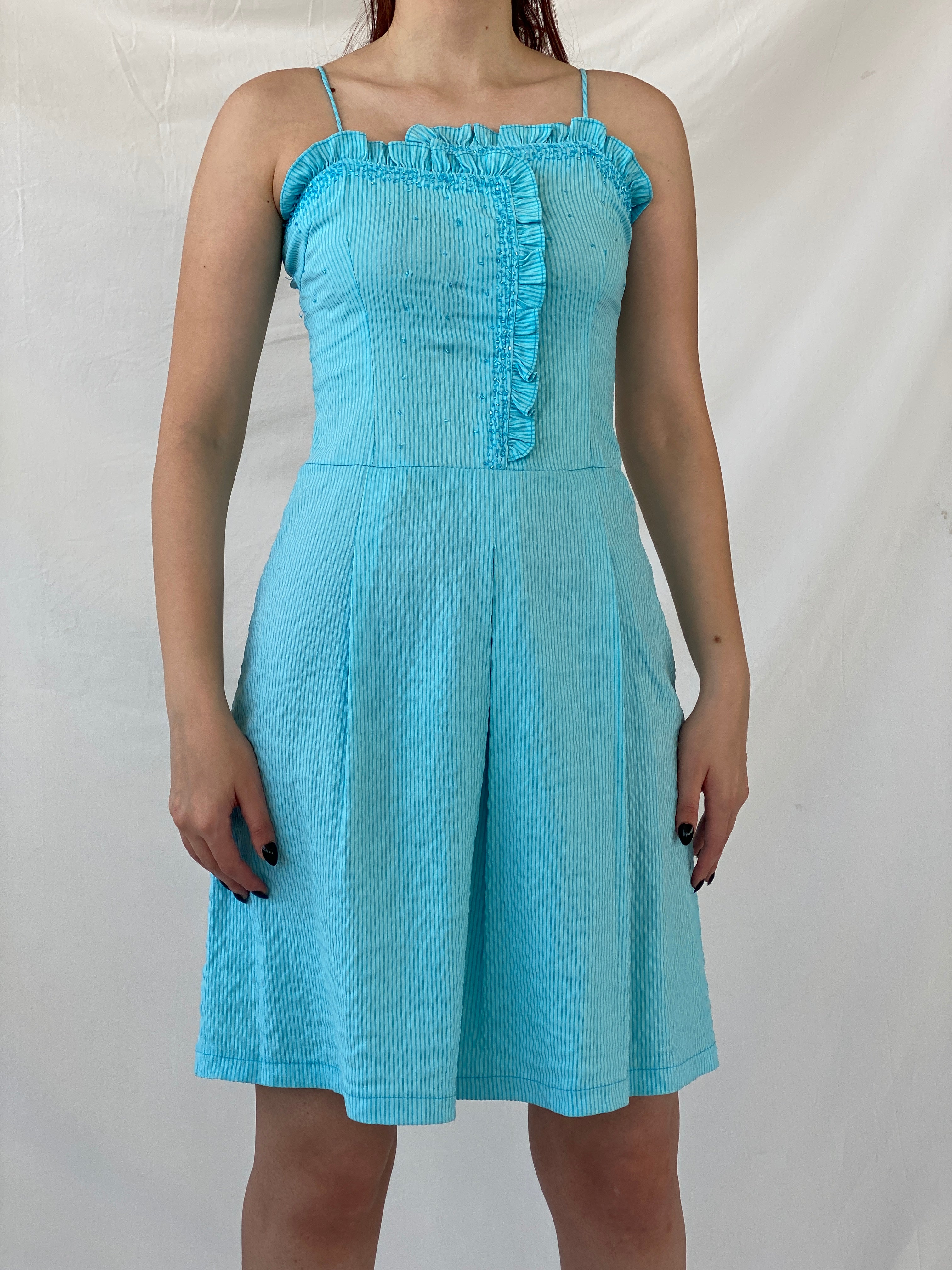 Vintage Hayg Striped Blue Beaded Ruffle Summer Knee Length Dress - M