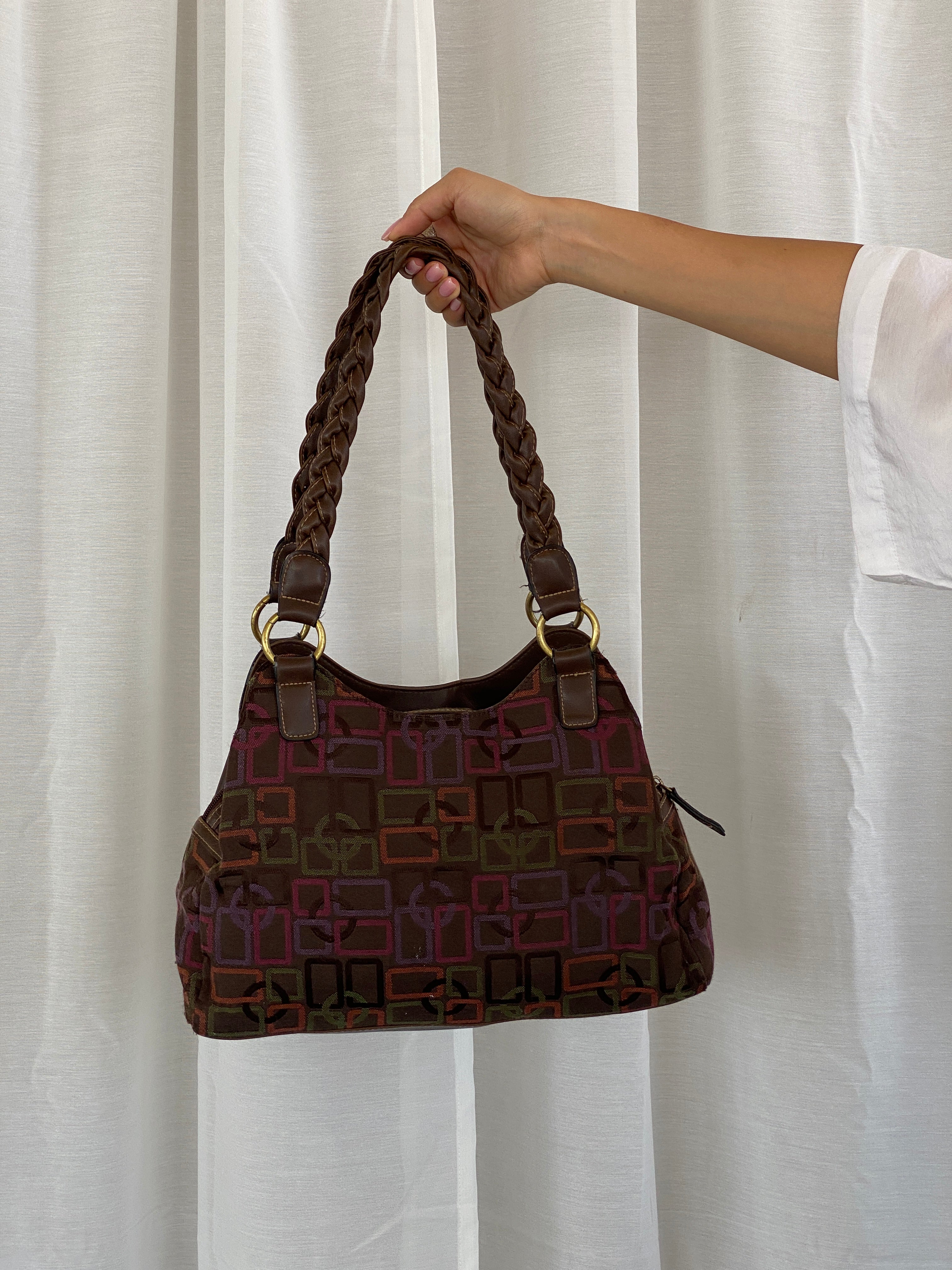 Y2K Rosetti Brown Multicolored Geometric Pattern Shoulder Bag With Braided Vinyl Handles