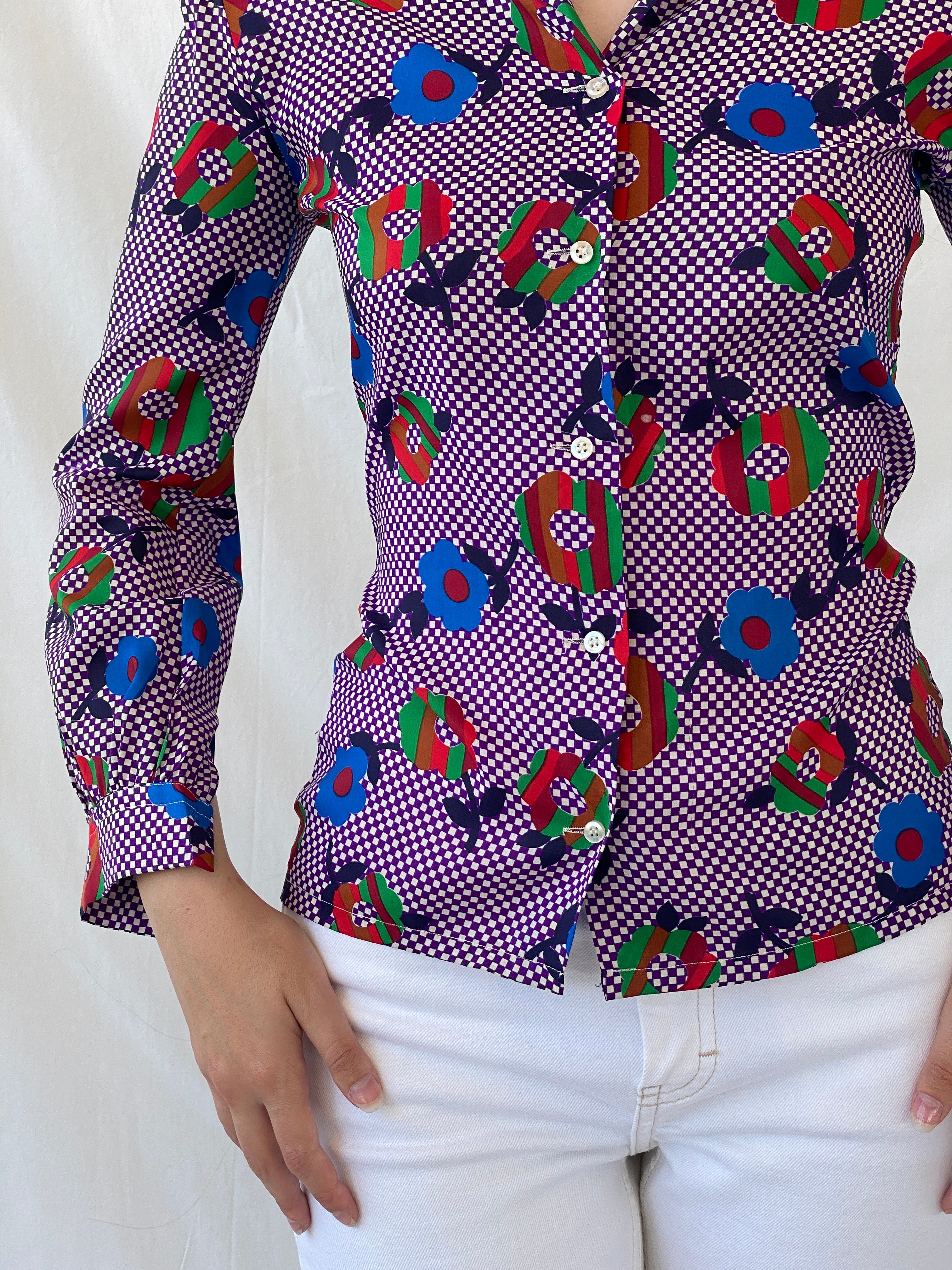 Vintage Qwer Geometric Floral Art Color Blast Full Sleeve Shirt - S