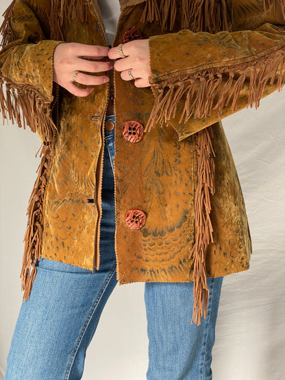 Vintage Dance Girl Fashion Western Fringe Faux Suede Jacket Boho Cowboy Statement Coat - XL