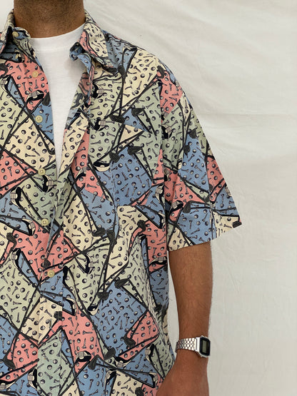 Vintage B.D. Baggies Pastel Golf Print Button Up Shirt Multicolor Abstract Sports Shirt - L