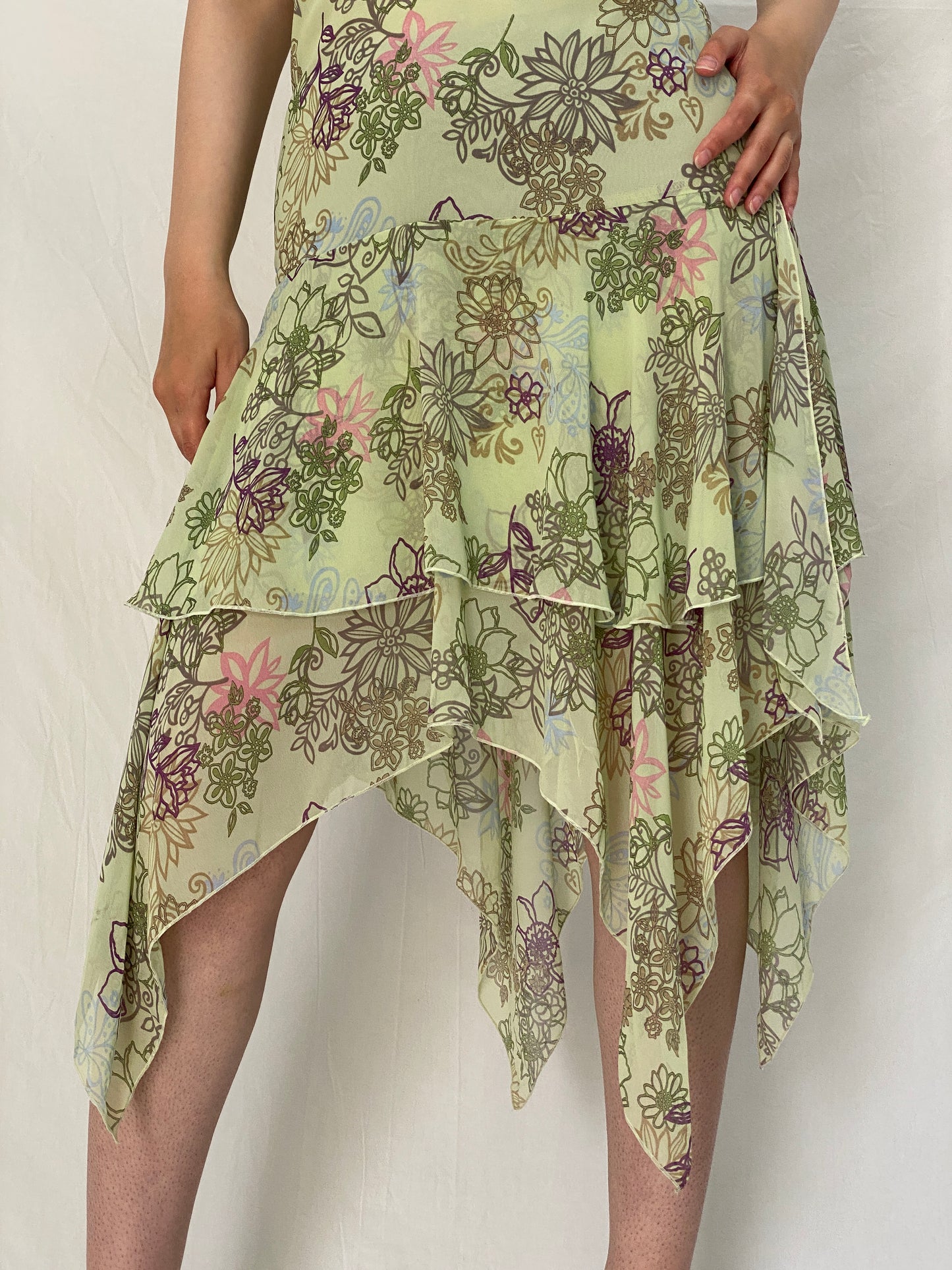 Y2K Portmans Pastel Green Floral Handkerchief Hem Halter Dress - M