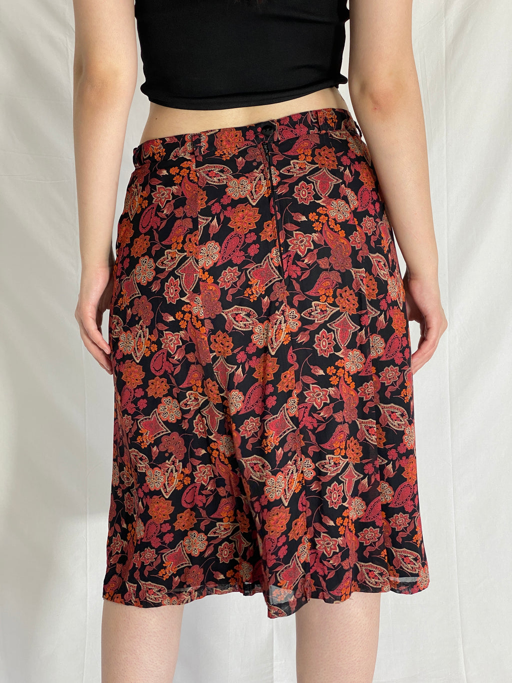 Vintage 90s Your 6th Sense Floral Red Black Paisley Boho Midi Skirt - L