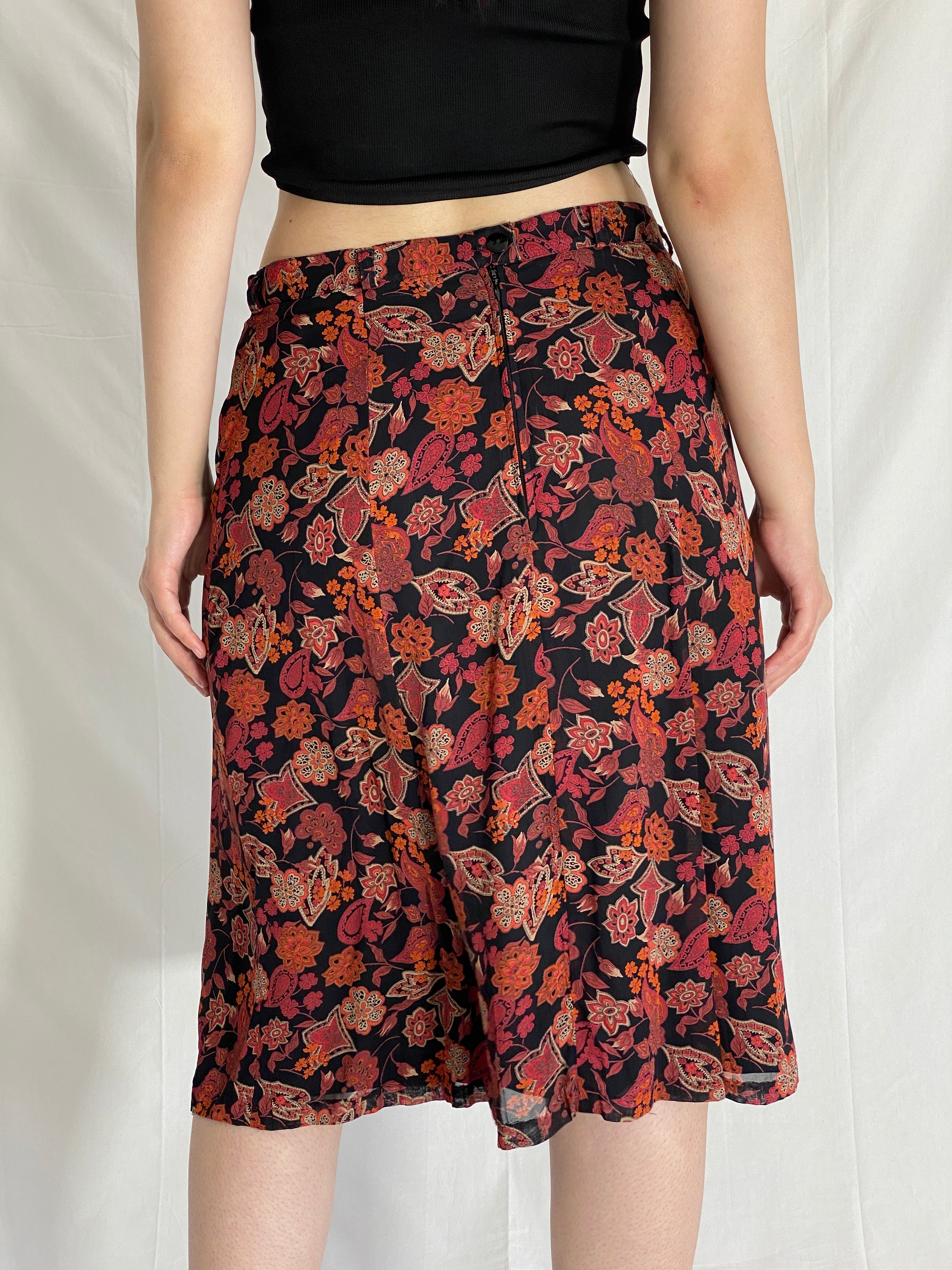 Vintage 90s Your 6th Sense Floral Red Black Paisley Boho Midi Skirt - L