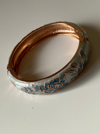 Vintage Chinese Cloisonné Floral Bangle Bracelet Blue Enamel Flowers Rose Gold-Tone Metal