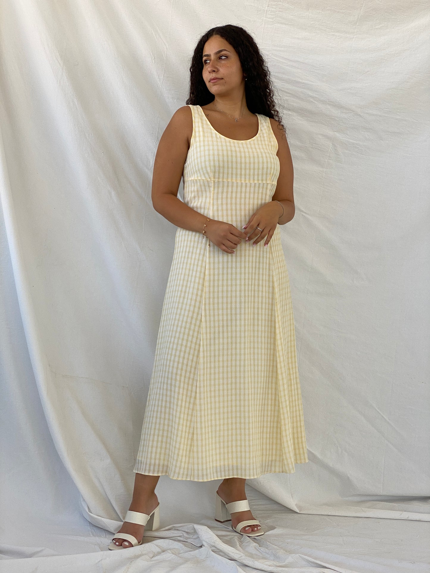 Vintage Principles Gingham Print Yellow Maxi Dress - XL