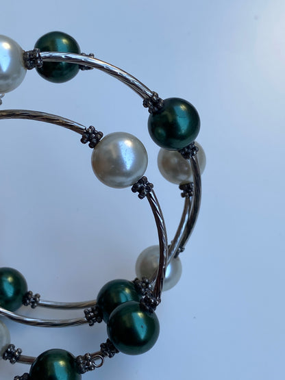 Vintage Silver-Tone Green & Ivory Faux Pearl Wire Wrap Multi-Strand Bracelet